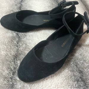 Stuart Weitzman black suede Domain flat w/ ankle strap 6W, EUC